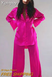 Yipinpay Satin Long Sleeve Lady Blouse Outfit 2023 Casual Loose Button Up Straight Pant 2 Piece Set Women Chic Solid Homewear Set