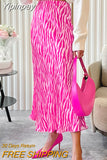 Yipinpay Elegant Women Zebra Printing Skirts Women Pink High Waist A-Line Skrits Office Ladies Satin Flowing Midi Skirts 2023