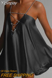 Yipinpay Womens Casual Chain Suspender Short Dress Fashion Solid Color Hollow V-Neck A-Line Dress Party Club Street Style S-XL