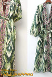 Yipinpay Woman Dress Green Print Midi Kimono Dress Women Summer 2023 Belt Long Puff Sleeve Japanese Style Wrap Long Dresses