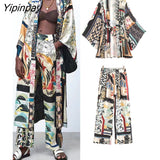 Yipinpay Women Shirts +Trousers Suit Kimono Style Summer Full Printed X-Long Drawstring Blouse Set Female Pants Casual Clothes