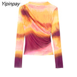 Yipinpay Women Tie Dye Pleated Tulle Blouses Tops 2023 Summer Vintage Long Sleeve Transparent Thin T-Shirts O-neck Casual Tops