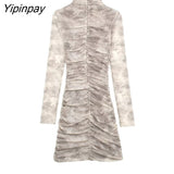 Yipinpay 2023 Women Pleated Tulle Print Dress Summer Elegant Turtleneck Party Sexy Long Sleeve Vestidos Fashion Back Zipper Dresses