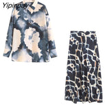 Yipinpay 2023 Fashion Women Tie-Dye Printed Skirts Sets Summer Turn Down Collar Shirts Top Side Mid-Calf Casual Skirts