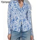 Yipinpay Fashion Women Print Blouses Shirt 2023 Summer Causal Long Sleeve Tops Vintage Turn Down Collar Single Breasted T-Shirts