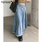 Yipinpay 2023 Spring Summer Women Skirts High Waist Vintage Denim Long Skirts Ladies Casual Pocket Blue A-line Jeans Skirt
