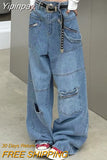 Yipinpay Retro Old Multi-Pocket Jeans Women's Y2K New Street Hip Hop Straight Wide-Leg Pants Harajuku Casual Loose Mopping Jeans