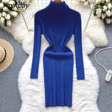 Yipinpay Full Sleeve Slim Knitted Pencil Dress Female Casual Pullover Turtleneck Sweater Bodycon Dress Ladies Autumn Winter