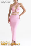 Yipinpay 2 Pieces Set Sexy Elegant Pink One Shoulder Crop Top and Long Skirt Set Satin Evening Night Party Dresses Women Outfit 2023