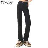 Yipinpay Straight High Waist Stretch Jeans Woman Casual Light Blue Jean Trousers Black Denim Pants Ladies