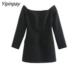 Yipinpay 2023 Autumn Ladies Sheath Mini Dresses Elegant Slash Neck Off Shoulder Party Dresses Vintage Pockets Long Sleeve Vestidos