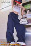 Yipinpay Harajuku Cargo Baggy Blue Jeans Streetwear Hip Hop Oversize Casual Wide Leg Vintage Demin Pants Women Y2k Loose Trousers