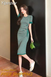 Yipinpay O Neck Short Sleeve Knitted Green Stripe Dress Bodycon Simple Slim Women Drawstring Vestidos De Mujer Sexy Dresses