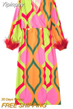 Yipinpay Wrap Feather Dress Woman Printed Long Party Dresses For Women Abayas Long Sleeve Elegant Dresses Boho Midi Female Dress