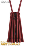 Yipinpay Vintage Long Skirts Women Kawaii Lolita Bandage Bow High Waist Ruffle Patchwork Elegant Midi Suspender Skirt Mori Girl