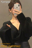 Yipinpay Autumn 2023 Black T Shirt for Women Gentle Wild V Long Sleeve Y2k Top Korean Style Jumpers Pullovers Knitwear Shirts