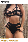 Yipinpay Womens Sexy 2 Pieces Lingerie Solid Color Hollow Bandage Bra And Thong Night Clothes Outfits Hot Sale S-XL