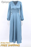 Yipinpay Evening Elegant Women Drape Dress Satin V-Neck Lantern Sleeve Party Dress Ladies Spring 2023 Flowing Midi Dress Navy