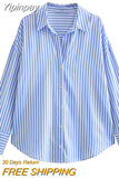 Yipinpay Striped Button Up Shirt Women Blue Collared Oversize Shirt Woman Fashion Loose Summer Blouses Woman 2023 Long Sleeve Top