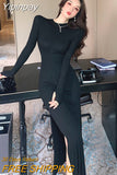 Yipinpay Blue O Neck Long Sleeve Cotton Dress Women Wrap Hip Tight Sexy Side Split Black Grey Vestido De Mujer Bottom Casual