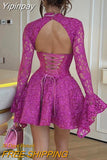 Yipinpay Backless Cross Tie Up Lace Floral Dress Women Elegant Flare Long Sleeve Half High Neck A-Line Mini Dress Party Vestidos