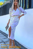Yipinpay Women Casual Stripe Printed Elastic Shirt Dress 2023 Summer Fashion Chic V-Neck Split Frock High Street Lady Floral Midi Vestido