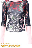 Yipinpay Women's Summer Y2K Vintage Sheer See-through Slim Tops Long Sleeve Round Neck Pattern Print Mesh Patchwork T-shirt