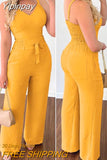 Yipinpay Summer Woman Long Jumpsuits Elegant Sexy V-Neck Shirred Cami Top & High Waist Pants Set New Fashion Casual One Pieces