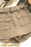 Yipinpay Streetwear Cargo Mini Skirt Women High Waist Belt Denim Shorts Skirts Vintage Korean Pocket Jeans Casual A Line Skirts