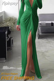 Yipinpay New Plus Size Solid Color Dress Female Summer Fashion Sexy Slit V-neck Long-sleeved Solid Slim Pleated Dress