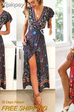 Yipinpay Women Boho V Neck Slim Waist arrival Sexy Long Maxi Dress Summer Beach Hot Party Floral Printed Sundress 2023