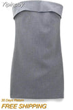 Yipinpay Striped Short Dresses For Women Off Shoulder Bodycon Dress Women Grey Backless Sexy Night Party Dresses Mini Female Dress