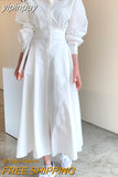 yipinpay Women's Shirts Dresses Slim Korean Chic Fashion Casual Single-breasted Long Midi Dress Office Ladies White OL Vestidos