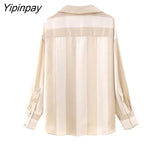 Yipinpay Summer Women Oversized Striped Blouses Shirt 2023 New Causal Turn-Down Collar Tops Vintage Single Breasted Loose T-Shirts