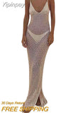 Yipinpay Women Summer Knitted Deep V Neck Cover Ups Crochet Cutout Backless Split Dress Hollow Out Bikini Swimsuit Sundress