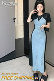 Yipinpay Two Piece Denim Dress Vestidos De Mujer Short Sleee Summer Dress Y2k Casual Maxi Dresses for Women Robe Femme Jeans