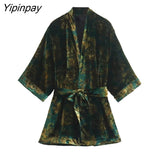 Yipinpay Women Loose Velvet Kimono Blouses WIth Belt 2023 Spring Causal Long Sleeved Tops Printed Fashion V-neck T-Shirts
