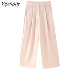 Yipinpay Women Fashion Feathe Sleeve Blazer Suit Set 2023 Solid Color Single Button Jackets Loose Wide Leg Pants Костюм Mujer