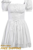 Yipinpay Women‣s Sweet Puff Sleeve A-line Dress Fashion Solid Color Bandage Lace Trim Short Dress Goth Style Summer