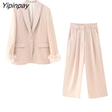 Yipinpay Women Fashion Feathe Sleeve Blazer Suit Set 2023 Solid Color Single Button Jackets Loose Wide Leg Pants Костюм Mujer