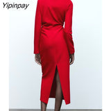 Yipinpay New Autumn Women Elegant Long Dresses 2023 Female Fashion Asymmetrical Collar Vestidos Long Sleeve Soft Pullovers