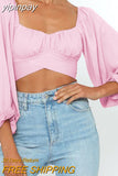 yipinpay Sleeve Top Women Tie Back Crop Top Y2K Square Neck T Shirt Slim Lantern Sleeve Tops New Year 2023 Fall Spring Woman Clothes