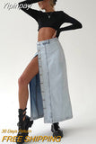 Yipinpay Sexy High Waist Denim Button Skirts Women Streetwear Ankle-Length Split Skirts Summer 2023 Cotton Blue Jeans Skirts