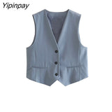 Yipinpay Women Fashion Spring Blazer Vest Pants Sets 2023 Casual Single Breasted Vest Top High Waist Zipper Wide Leg Pants Outwear