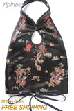 Yipinpay Chinese Qipao Style Sexy Women Cheongsam Halter embroidery Backless Goth Vest top bow knot tied Crop Top Tee