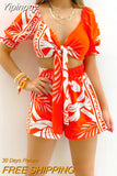 Yipinpay Women All Over Print Short Sleeve Top & Drawstring Shorts Set 2023 Fashion New Shorts Suit Female Casual Office Clothing