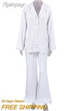 Yipinpay Women's 2Pieces Pajamas Underwear Set Plaid Turn Down Collar Long Sleeve Button Shirts+ Feather Pants Lounge Suits