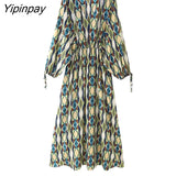 Yipinpay Summer Women Geometric Printed Long Dresses 2023 New Elegant V-neck Beach Style Dress A-line Long Sleeve Mid-Calf Vestidos