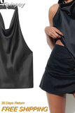 Yipinpay 2023 Black Crop Top Women Satin Halter Top Female Backless Sexy Tops Woman Sleeveless Off Shoulder Top Party For Woman