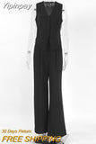 Yipinpay Elegant Office 2 Pieces Sets Black Cotton Linen V-Neck Sleeveless Vest Outfit Summer High Waist Wide Leg Pants Sets